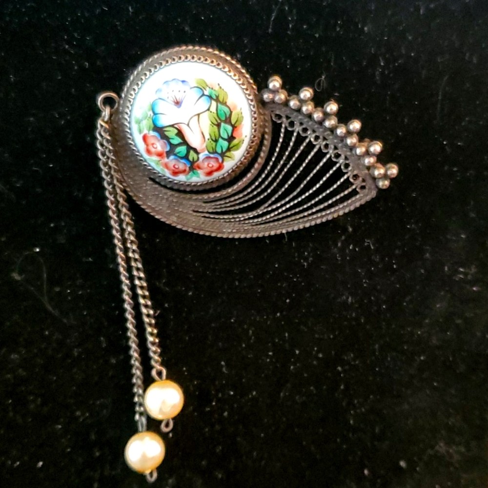 STERLING SILVER PORCELAIN BROOCH - Picture 1 of 4